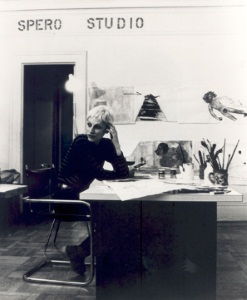 Image: Nancy Spero in her studio, 71st Street, New York, 1976