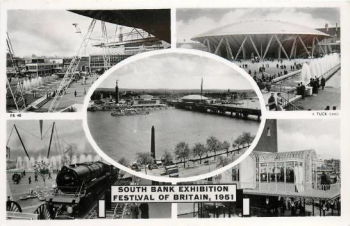 Vintage postcard illustrating the large-scale Festival of Britain display at The South Bank Centre in London in 1951. The festival celebrated work by leading British artists and designers and promoted British culture in the wake of the Second World War.
