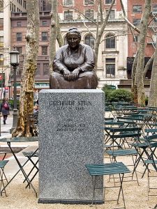 Photograph of Gertrude Stein statue in New York's Bryant Park.