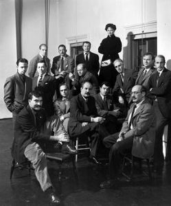 “The Irascibles,” photographed by Nina Leen and featured in the January 15, 1951, edition of <i>Life</i> magazine, shows Hedda Sterne standing above her male Abstract Expressionist colleagues.