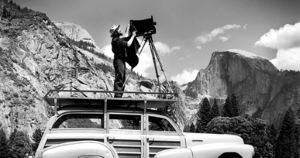 Ansel Adams photographing with a large format camera in Yosemite National Park