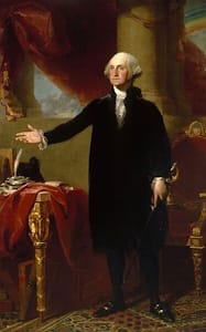 <i>George Washington (The Lansdowne Portrait)</i> (1796) shows the influence that European movements had had on the artist. The dramatic setting, complete with columns, furniture draped in red velvet, and the dramatic landscape background, recall Baroque and Neoclassical portraiture.