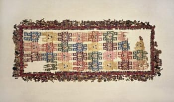 Found in Peru in the 1920s, the Paracas Textile is a remarkably preserved ceremonial cloth dating to around 100-300 CE. It depicts ninety mythological figures and is an excellent example of early South American weaving techniques. It is famous for both its age and the complexity of its woven design.