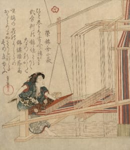 This Japanese woodcut print displays a woman at work on a traditional loom from the Edo Period (1603-1867). The detailed rendering provides insight into how the looms were utilized. Yanagawa Shigenobu, Hataori (Weaving) woodcut print, 1825-32.