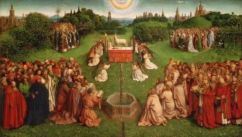 The central panel from the Van Eycks' Ghent Altarpiece (1420s-32), known as <i>The Adoration of the Mystic Lamb</i>