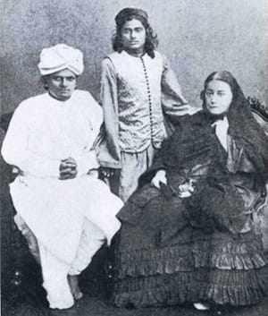 Blavatsky in India, c. 1884, with fellow Theosophists Tallapragada Subba Row and Bawaji.
