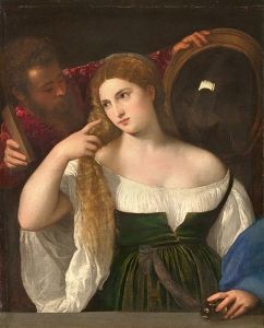 In Titian's <i>Woman with a Mirror</i> (c.1515) the inclusion of the mirrors and the <i>trompe l'oeil</i> shelf at the bottom of the image owe a debt to Giorgione.