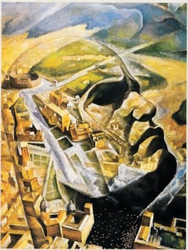 Alfredo Ambrosi, <i>Aeroritratto di Mussolini aviator </i>(<i>Aeroportrait of Mussolini aviator</i>) (1930). Art historian Ara H. Merjian notes that, “Futurism lent Fascism much of its early ideological impetus: anti-Communist and anti-clerical, interventionist and irredentist, hostile to academic pedantry and cultural patrimony alike”.