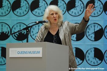 The artist speaking at her 2016 Queens Museum of Art exhibition “Mierle Laderman Ukeles: Maintenance Art”