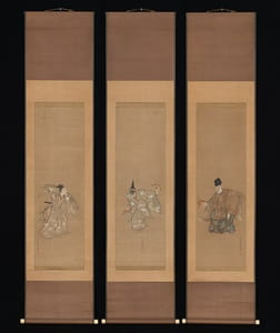 <i>The Auspicious Noh Dance “Okina” </i>(c. 1790-95) was painted by Utamaro's teacher, and possibly his father, Toriyama Sekien.