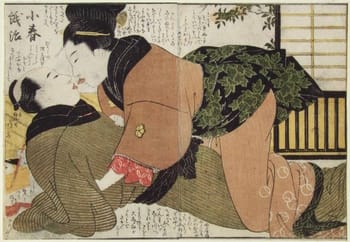 Utamaro also created erotic <i>shunga</i> images. Art historian Zuzanna Stanska explains that “Shunga offered sexuality an unashamed visual platform, where sexual pleasure, female sexuality, and homosexuality were not only acknowledged but encouraged. The images were also used to provide sexual education for young couples, or to encourage a warrior going into battle”.