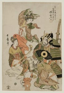 Towards the end of his life, Utamaro challenged strict new censorship laws in Japan, for instance by portraying magnate Katō Kiyomasa lusting after a Korean courtesan in this 1802-04 print.