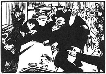 <i>La rixe ou la scene au café</i> (<i>The brawl, or the scene at the café</i>) (1892). This woodcut print satirises the behaviour of bourgeois Parisians, respectably attired but patently uncivilised. Woodcut print, ink on wove paper.