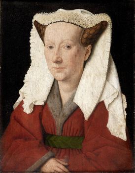 <i>Portrait of Margareta van Eyck</i> (1439) was Jan's only female portrait and one of the first European artworks to depict a male painter's spouse. The inscription on the original marble frame identifies the woman as Margareta with “...my husband John completed me...when I was thirty-three years old...”