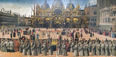 Gentile Bellini's <i>Procession of the True Cross</i> (1479) shows a procession of priests, monks, and religious leaders bearing the True Cross through the square to the Byzantine Church of San Marco, also called “the church of gold,” in the background.