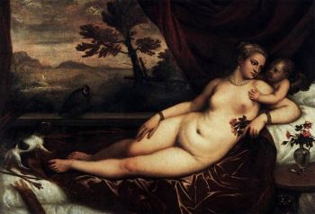Titian's <i>Venus and Cupid</i> (c. 1550) depicts the goddess with her son Cupid, his bow and arrows lying at her feet.