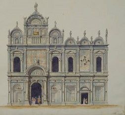 Nicholas Benois's <i>Scuola di San Marco</i> (1841) depicts the Lombardo brothers' carved reliefs of the façade that create the illusion of depth.