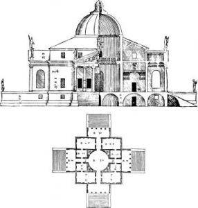 تم تضمين تصميم Andrea Palladio لـ La Rotonda ، أكثر أعماله تأثيرًا ، في <i> Il Quattro Libri dell 'Architettura </i> (<i> الكتب الأربعة للهندسة المعمارية </ i>) (1570).