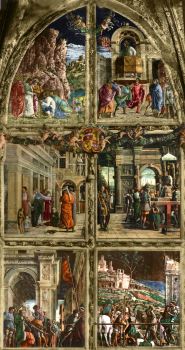 This image is a photographic reconstruction depicting Andrea Mantegna's <i>Stories of St. James</i> (1448-1457), an innovative fresco in Padua. Most of the fresco was destroyed in World War II.