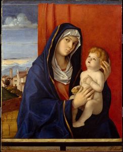 Giovanni Bellini's <i>Madonna and Child</i> (late 1480s), an early work of the artist, employed rich color and vibrant light, both in its depiction of the two figures and the landscape revealed at the left.