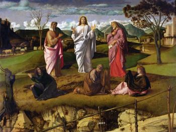 Giovanni Bellini's <i>Transfiguration of Christ</i> (c. 1480) emphasized the effects of light and color, particularly in the three central figures and the treatment of the landscape.