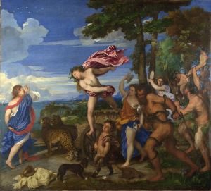 Titian's <i>Bacchus and Ariadne</i> (1522-1523) portrays Bacchus, the god of wine, arriving with his followers, at the dramatic moment when Ariadne has just realized she has been abandoned by her lover, Thetis.