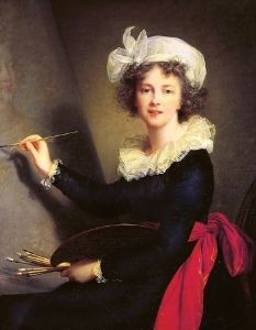 تُظهر هذه الصورة الذاتية من عام 1790 لوحة لو برون ، وفمها المفتوح قليلاً هو تفاصيل مميزة للصور السابقة للملكة ماري أنطوانيت - صادمة للغاية في ذلك الوقت.  كانت هذه أول لوحة رئيسية لها بعد مغادرتها فرنسا ، صنعت لمعرض أوفيزي في فلورنسا.