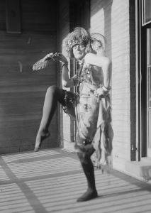 Elsa von Freytag-Loringhoven (c.1915) posing in one of her assembled costumes (photographer unknown)