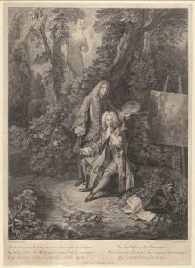 Etching titled <i>Portrait of Jullienne and Watteau in the Garden Playing a Violincell</i> obBy Nicolas-Henri Tardieu (1726) after Watteau
