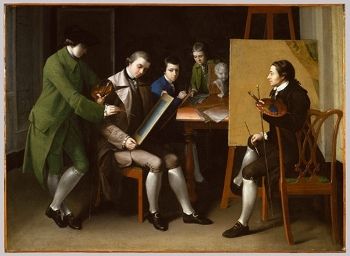 Matthew Pratt's <i>The American School</i> (1765) shows Benjamin West and his students. The artist kept an open-door policy for American artists traveling abroad, giving them lodgings and studio instruction.