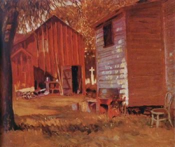 Grant Wood's <i>Old Sexton's Place</i> (c. 1919). Though Cedar Rapids poet Jay Sigmund chided Wood, calling him a “French copycat” for adopting an Impressionist-inspired style, Wood's unique decorative sensibilities were developing in his early years as a painter.
