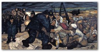Nakamura Hiroshi's <i>Sunagawa #5</i> (1955) depicted a protest by villagers and farmers when the government intended to confiscate their land to build jet runways for an American military base in Japan.