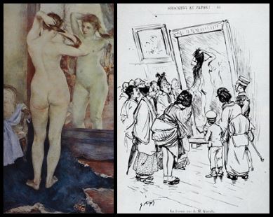Photograph of Kuroda Seiki's <i>Morning Toilette</i> (1895); the original was destroyed in World War II. On the right, a newspaper illustration depicts the public reaction to the painting.