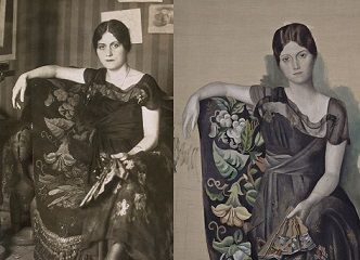 Photograph of his wife Olga Khokhlova and Picasso's portrait of her (1918)