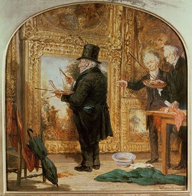 <i>JMW Turner at the Royal Academy, Varnishing Day</i> (1846) by William Parrot depicts Turner in the infamous moment that he puts a red splatter of paint on his canvas for greater effect