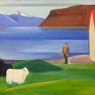 Louisa Matthiasdottir: Icelandic Landscape with Sheep, Man and Red_Roof (c.1983)
