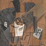 Pablo Picasso: Wineglass, Bottle of Bass, Ace of Clubs and Visiting Cards (1914)