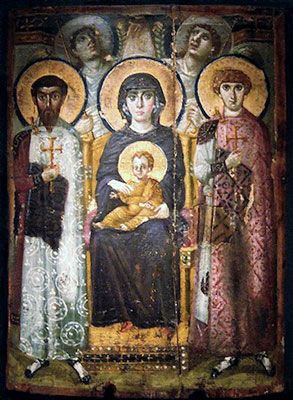 العذراء (والدة الإله) والطفل بين القديسين ثيودور وجورج (القرن السادس أو أوائل القرن السابع)