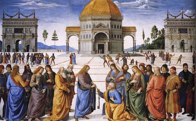 Pietro Perugino: Christ Handing the Keys of the Kingdom to St. Peter (1482)