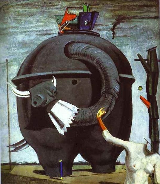Vintage painting by Max Ernst depicting an elephant-like figure with horns made of metal and a nude woman in the foreground