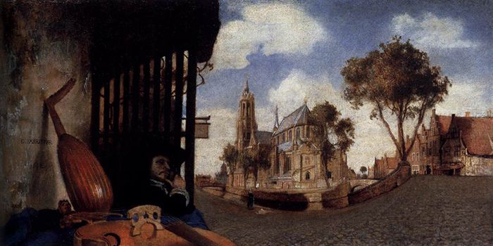 A View of Delft, with a Musical Instrument Seller's Stall (1652)