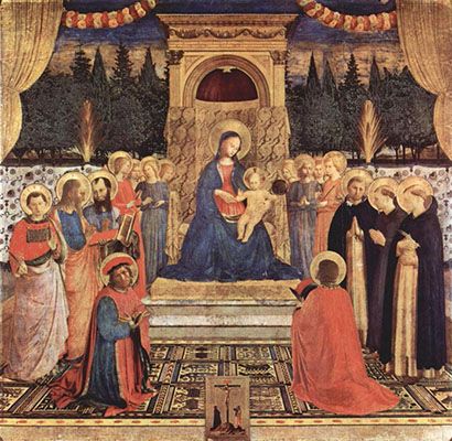 العذراء والطفل مع الملائكة والقديسين كوزماس وداميان ولورنس ويوحنا الإنجيلي ومارك ودومينيك وفرانسيس وبيتر الشهيد (1438-1442)