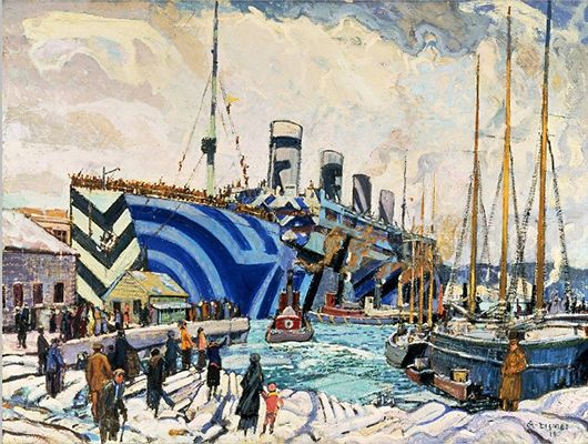 Arthur Lismer: RMS Olympic in dazzle at Pier 2 in Halifax, Nova Scotia (1919)