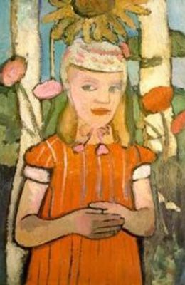 Girl in a Red Dress Standing Under a Sunflower (1907)