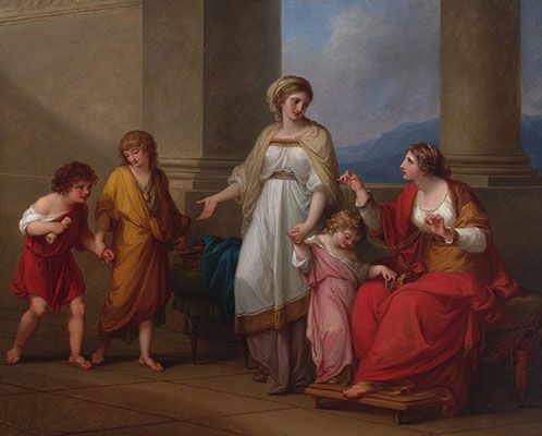 أنجليكا كوفمان: كورنيليا ، والدة جراتشي ، تشير إلى أطفالها ككنوز لها (حوالي 1785)