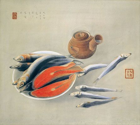 Tsuchida Bakusen: Still Life - Salmon Slices and Sardines (1924)