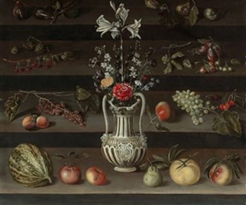 Lilies and Other Flowers in a Majolica Vase, with Peaches, Grapes, Cherries and Other Fruit Around, on Stone Steps ()
