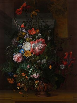 Roses, Convolvulus, Poppies and Other Flowers in an Urn on a Stone Ledge (1688)