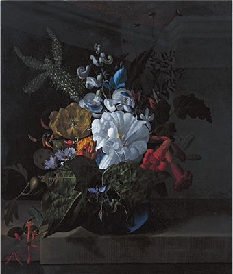 A Still Life with Devil's Trumpet, a Cactus, a Fig Branch, Honeysuckle and Other Flowers in a Blue Glass Vase Resting on a Ledge (1690)